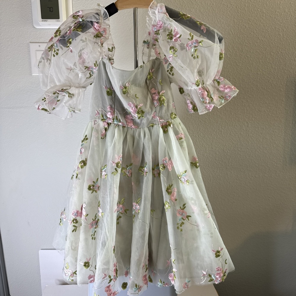 SHEIN Women's Puff Sleeve‎ Floral Embroidered Tulle Dress Gray Size XS
